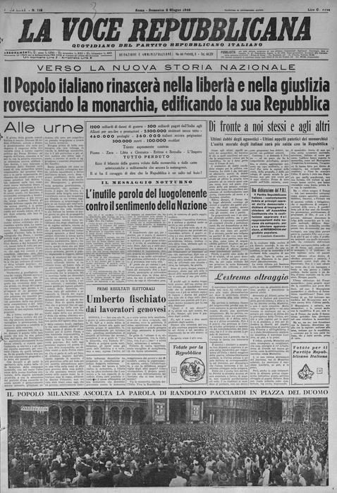 Quei giorni in edicola - La prima pagina del quotidiano La Voce Repubblicana del 2 giugno 1946 (foto: ANSA)