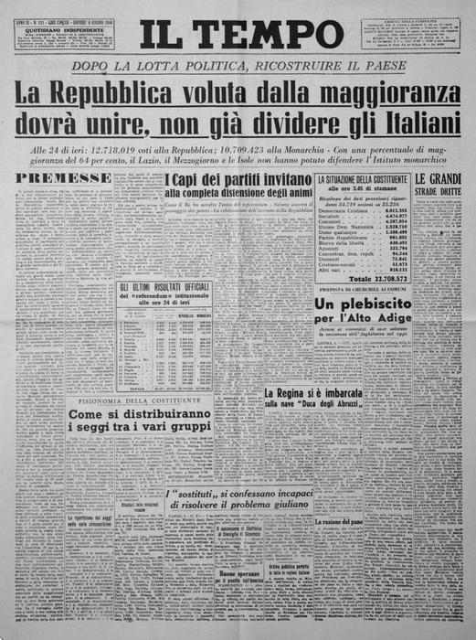 Quei giorni in edicola - La prima pagina del quotidiano Il Tempo del 5 giugno 1946 (foto: ANSA)