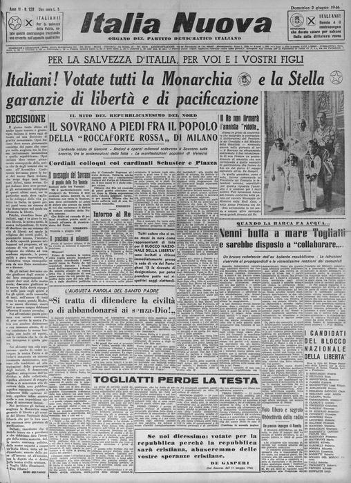 Quei giorni in edicola - La prima pagina del quotidiano Italia Nuova del 2 giugno 1946 (foto: ANSA)