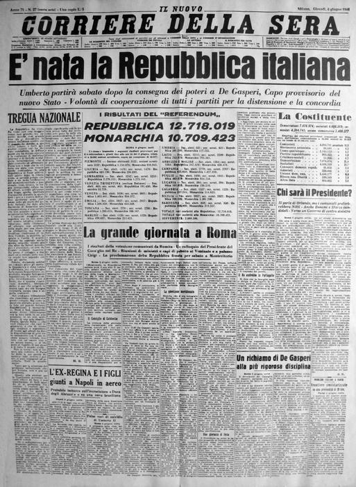 Quei giorni in edicola - La prima pagina del quotidiano Corriere della Sera del 6 giugno 1946 (foto: ANSA)