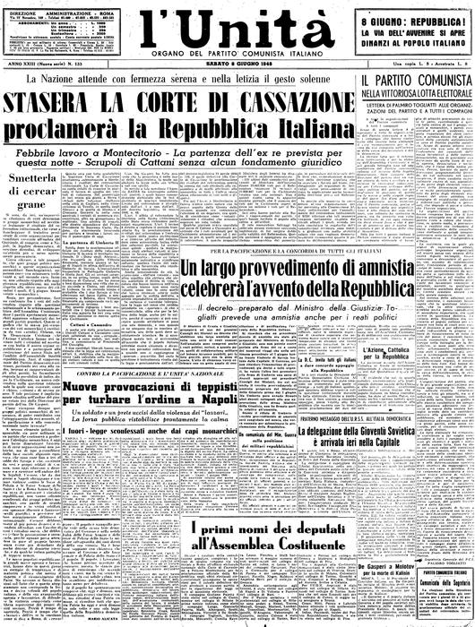 Quei giorni in edicola - La prima pagina del quotidiano L'Unita' dell'8 giugno 1946 (foto: ANSA)