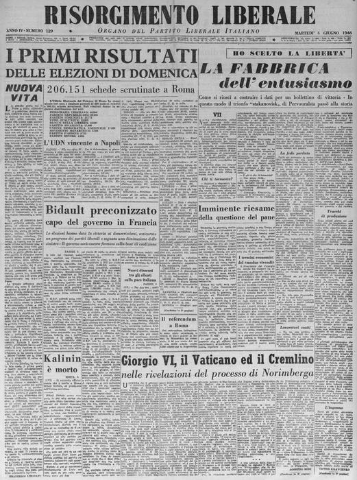 Quei giorni in edicola - La prima pagina del quotidiano Risorgimento Liberale del 4 giugno 1946 (foto: ANSA)