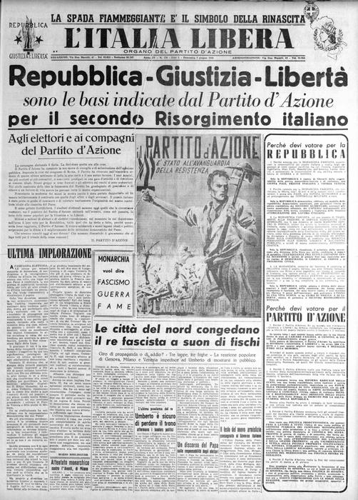 Quei giorni in edicola - La prima pagina del quotidiano L'Italia Libera del 2 giugno 1946 (foto: ANSA)