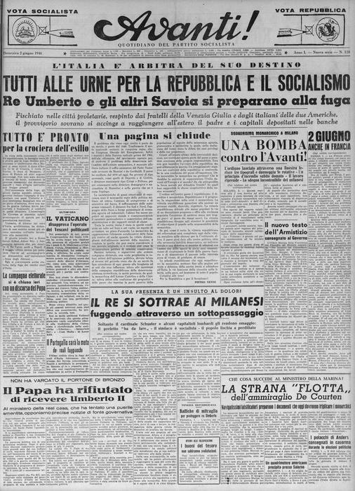 Quei giorni in edicola - La prima pagina del quotidiano Il Popolo del 2 giugno 1946 (foto: ANSA)