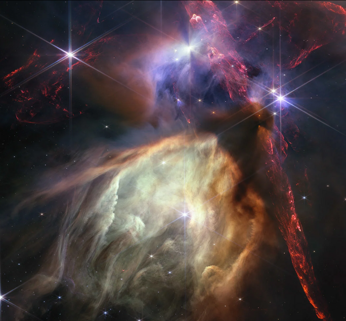La La Nube di Rho Ophiuchi, fotografata dal telescopio spaziale James Webb (fonte: NASA, ESA, CSA, STScI, Klaus Pontoppidan/STScI. Image Processing: Alyssa Pagan/STScI)   RIPRODUZIONE RISERVATA 