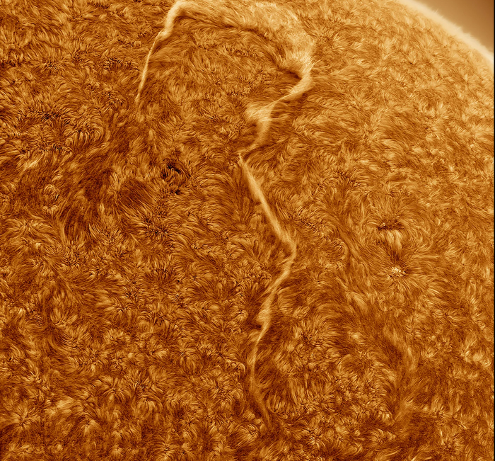 Un filamento di plasma sul Sole (fonte:  Eduardo Schaberger Poupeau, da Nature)   RIPRODUZIONE RISERVATA 