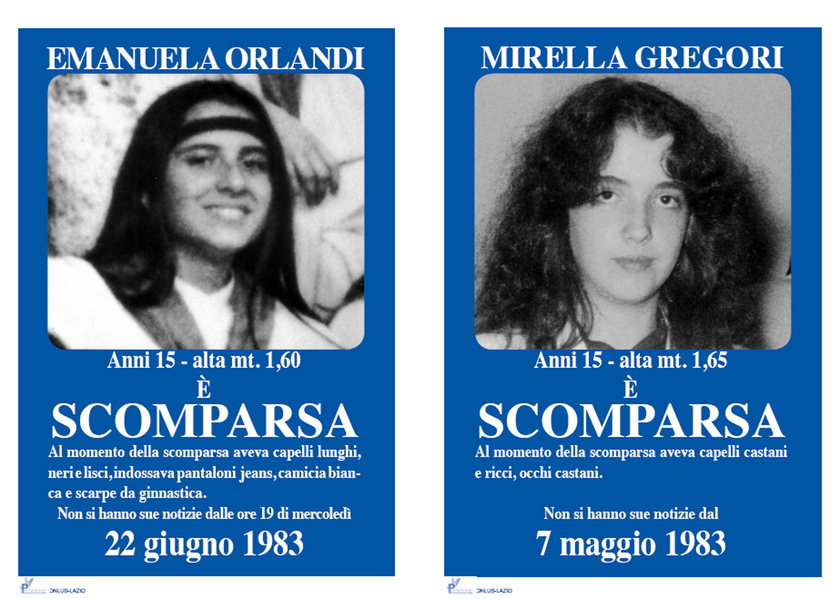 I manifesti che furono affissi in tutta Roma dopo la scomparsa di Emanuela Orlandi e di Mirella  Gregori, all 'epoca della scomparsa avevano 15 anni. Emanuela Orlandi scomparve il 22 giugno del  1983, Mirella Gregori il 7 maggio dello stesso anno - RIPRODUZIONE RISERVATA