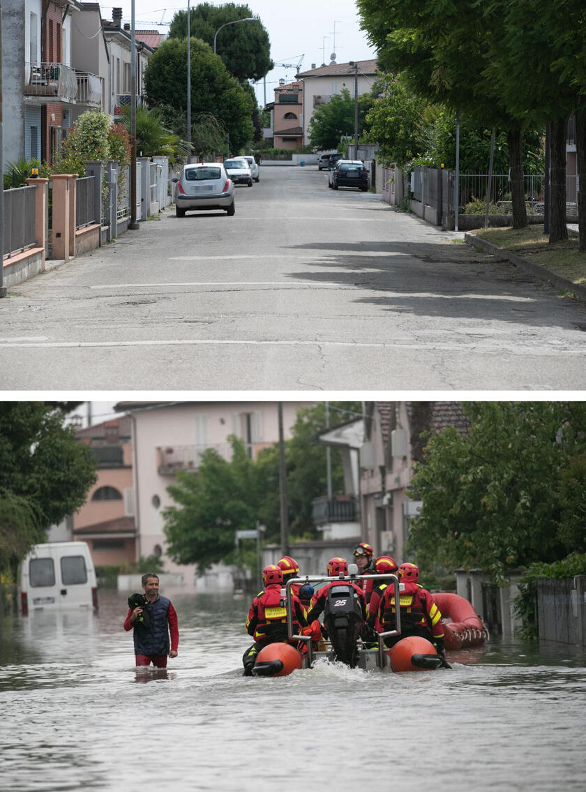 Combo di persone bloccate in casa dall 'alluvione soccorse dai vigili del fuoco a Lugo il 19 maggio 2023 (in basso) e la stessa strada come appare oggi - RIPRODUZIONE RISERVATA