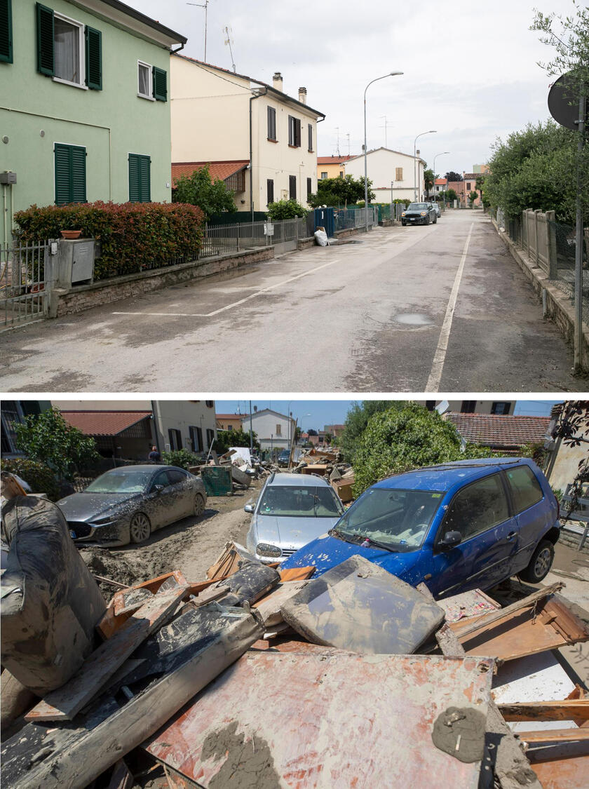 Combo di auto e detriti in strada a Sant 'Agata sul Santerno il 24 maggio 2023 (in basso) e la stessa strada libera come appare oggi. - RIPRODUZIONE RISERVATA