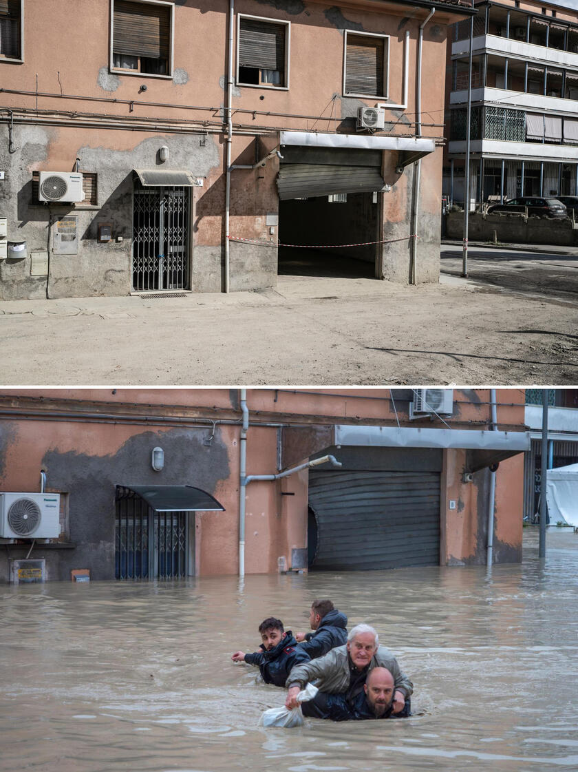 Combo della foto in cui carabinieri portano in salvo due persone anziane dopo averle raggiunte a nuoto a Faenza il 16 maggio 2023 (in basso) e lo stesso posto fotografato un mese dopo senz 'acqua. - RIPRODUZIONE RISERVATA