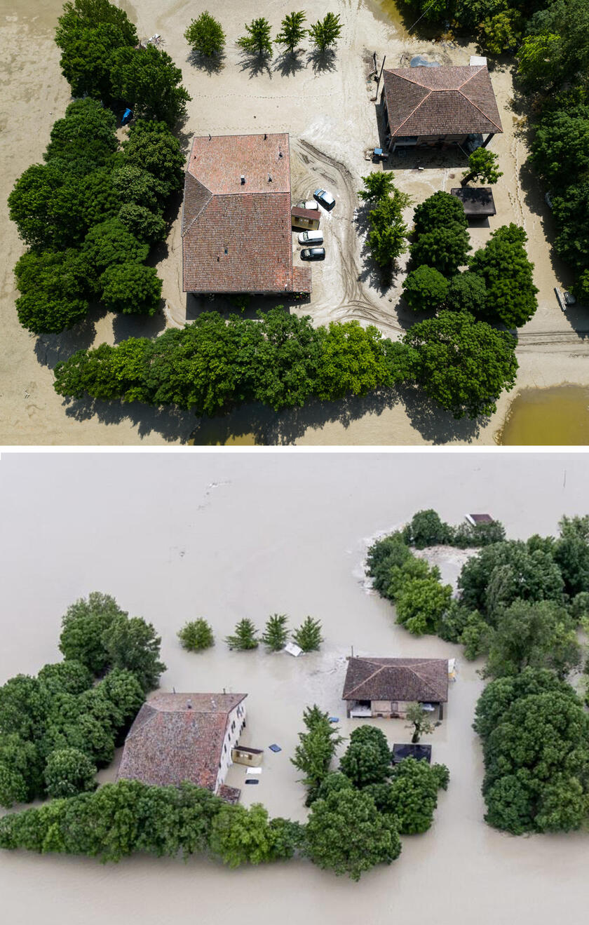 Combo di una casa completamente immersa nell 'acqua durante l 'alluvione del fiume Budrio il 17 maggio 2023 (in basso) e la stessa casa circondata ora dal fango. - RIPRODUZIONE RISERVATA