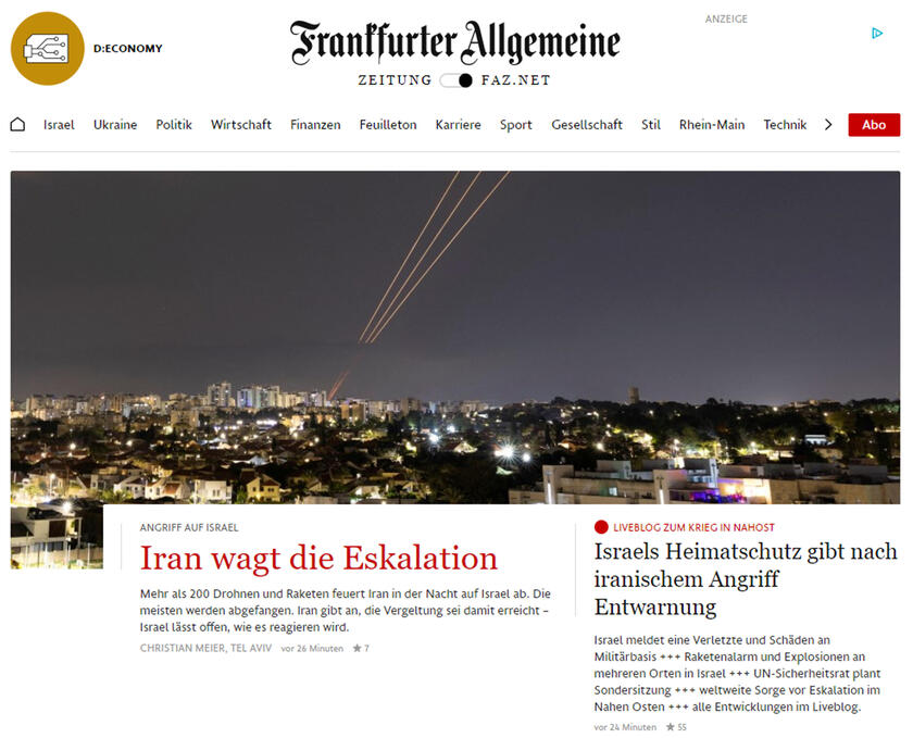 L 'attacco dell 'Iran a Israele è l 'apertura di siti e giornali nel mondo - RIPRODUZIONE RISERVATA
