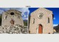 I danni subiti dalla chiesa di Ussita in una foto comparativa © Ansa