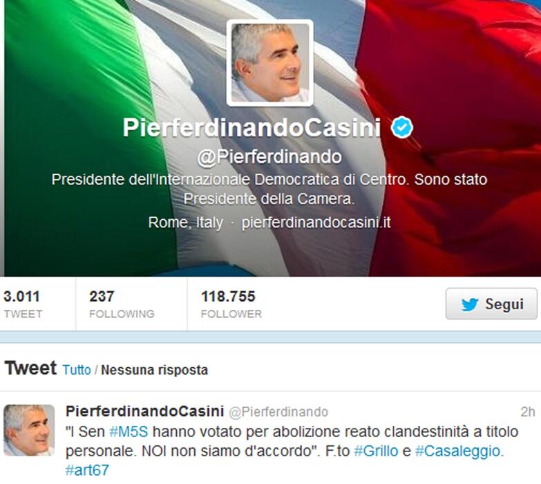 Pier Ferdinando Casini lsu Twitter lancia un hashtag a difesa del voto dei senatori M5s: #art67 © Ansa