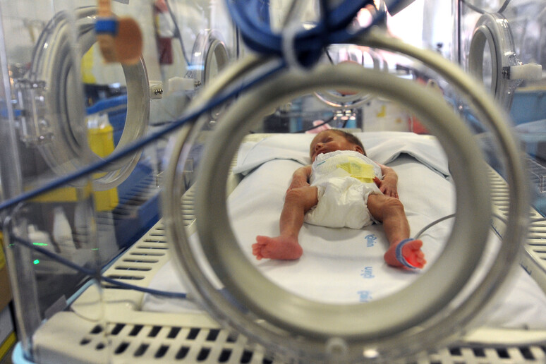 Una neonata  in una incubatrice in una foto d 'archivio - RIPRODUZIONE RISERVATA