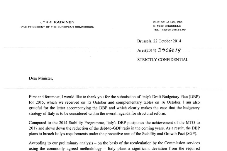 Il testo della lettera di Bruxelles all 'Italia -     RIPRODUZIONE RISERVATA