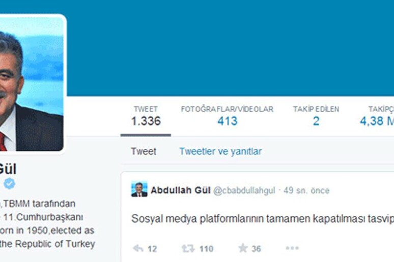 L 'account Twitter del presidente Gul - RIPRODUZIONE RISERVATA