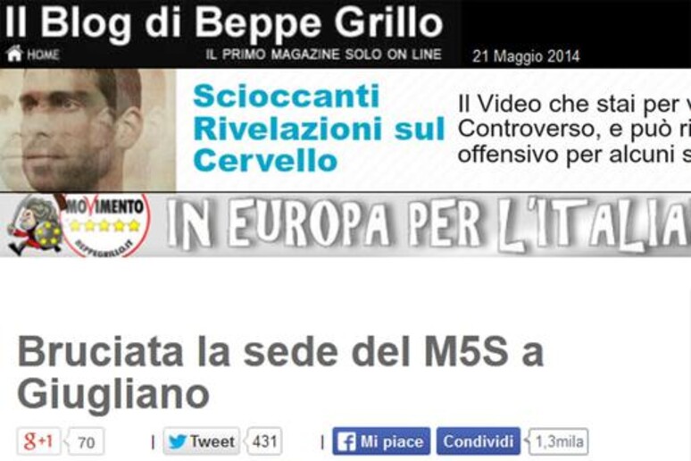Europee: Grillo, bruciata sede M5S a Giugliano in Campania - RIPRODUZIONE RISERVATA