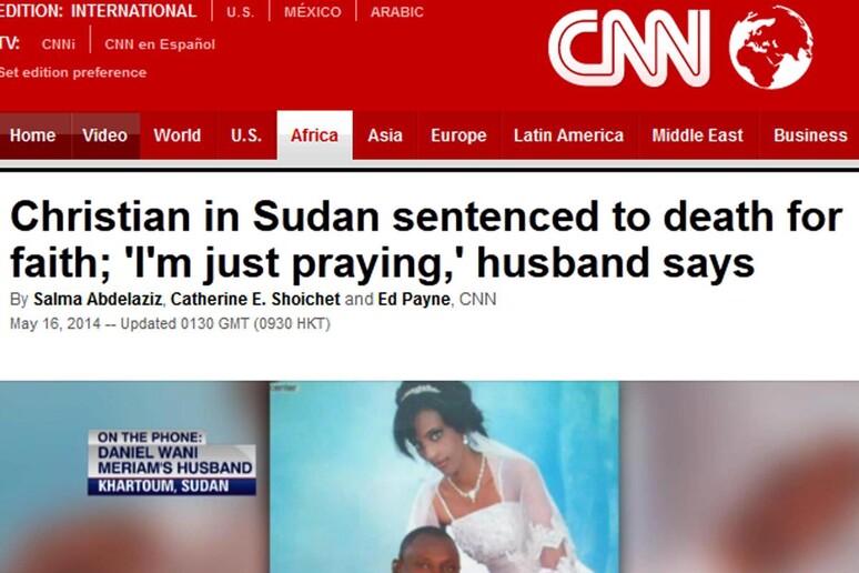 Meriam Yahia Ibrahim la donna sudanese condannata a morte per apostasia in una foto divulgata dalla CNN e BBC - RIPRODUZIONE RISERVATA