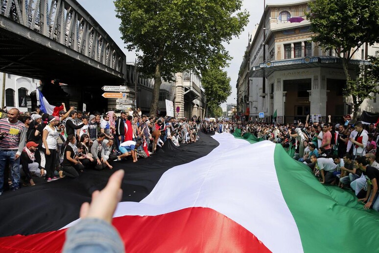 Una manifestazione contro la guerra a Gaza a Parigi (in primo piano una bandiera palestinese) -     RIPRODUZIONE RISERVATA