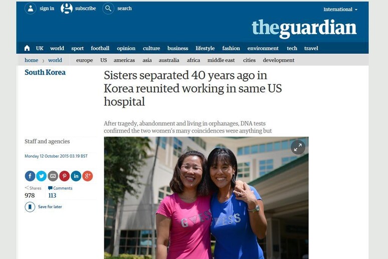 Il Guardian con la notizia delle due sorelle coreane - RIPRODUZIONE RISERVATA