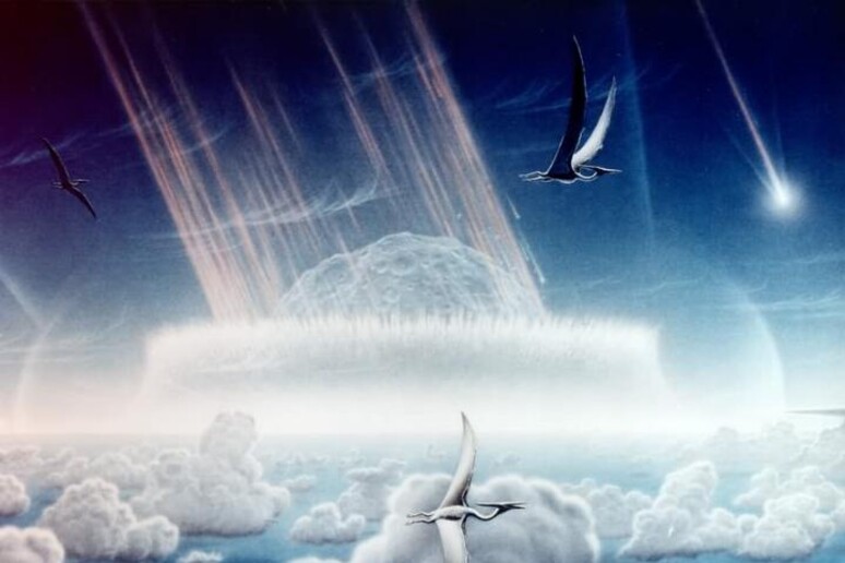 Rappresentazione artistica dell 'impatto dell 'asteroide che oltre 66 milioni di anni fa ha generato il cratere di Chicxulub, provocando l 'estinzione dei dinosauri (fonte: NASA) - RIPRODUZIONE RISERVATA