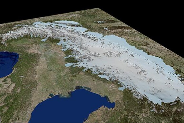 Ricostruzione in 3D delle Alpi durante l 'ultima glaciazione avvenuta più di 18.000 anni fa (fonte: Università di Potsdam, su dati dell 'istituto ESRI in Germania) - RIPRODUZIONE RISERVATA