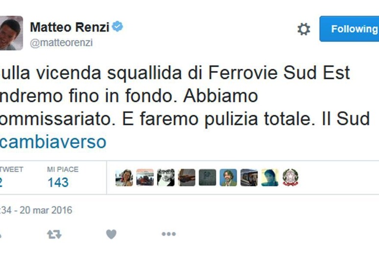 Renzi:  'Su Ferrovie Sud Est squallore, pulizia totale ' - RIPRODUZIONE RISERVATA