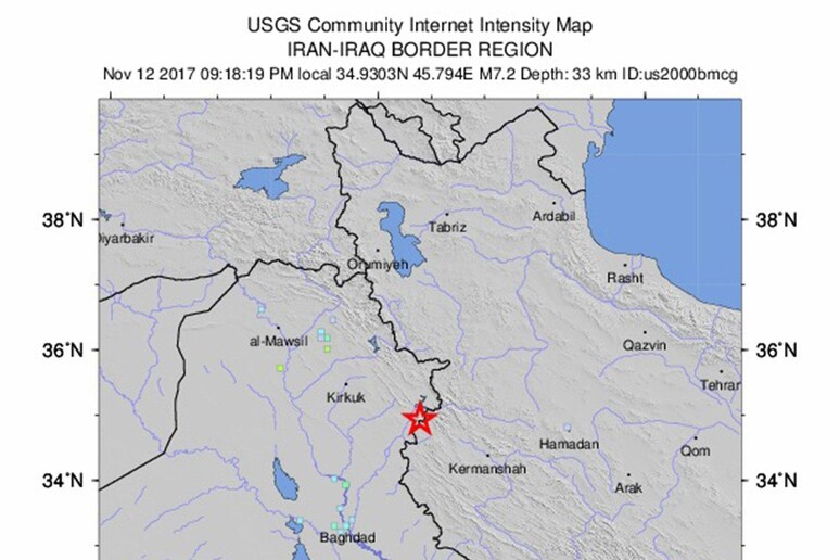 Localizzazione del terremoto di magnitudo 7,2 avvenuto in Iran (fonte: USGS) - RIPRODUZIONE RISERVATA