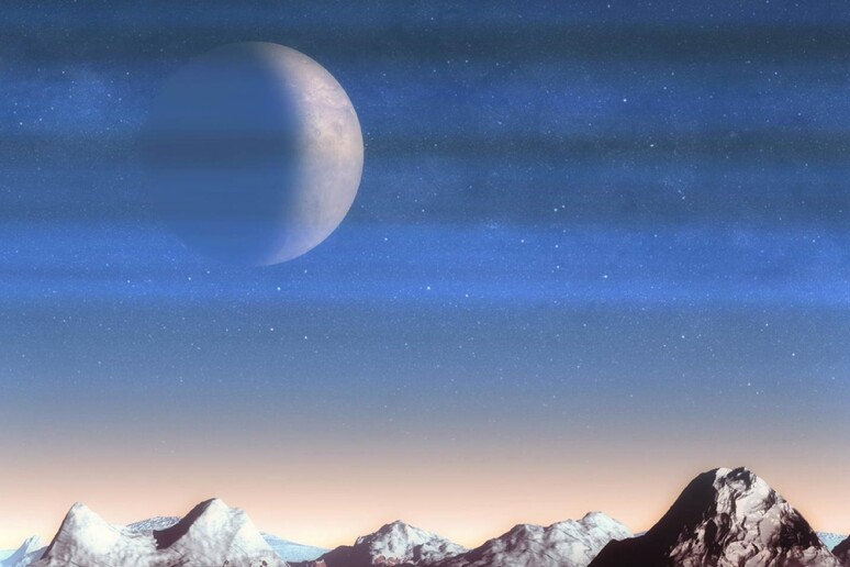 Rappresentazone artistica della luna Caronte vista dalla superficie di Plutone, con il cielo reso denso dalla nebbia di idrocarburi (fonte: X. Liu) - RIPRODUZIONE RISERVATA