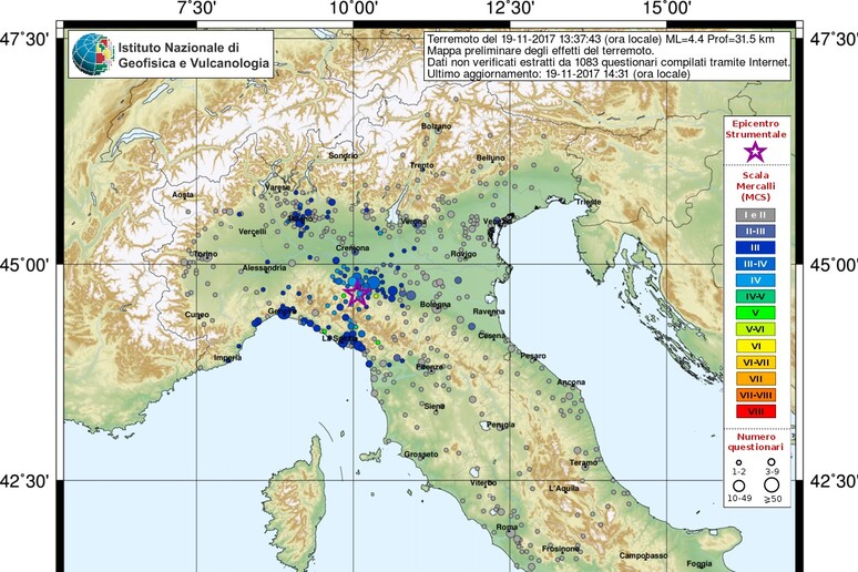 Mappa della percezione del terremoto nel parmense del 19 novembre 2017, elaborata dal servizio  'Hai sentito il terremoto? ', dell 'Ingv (fonte: INGV) - RIPRODUZIONE RISERVATA