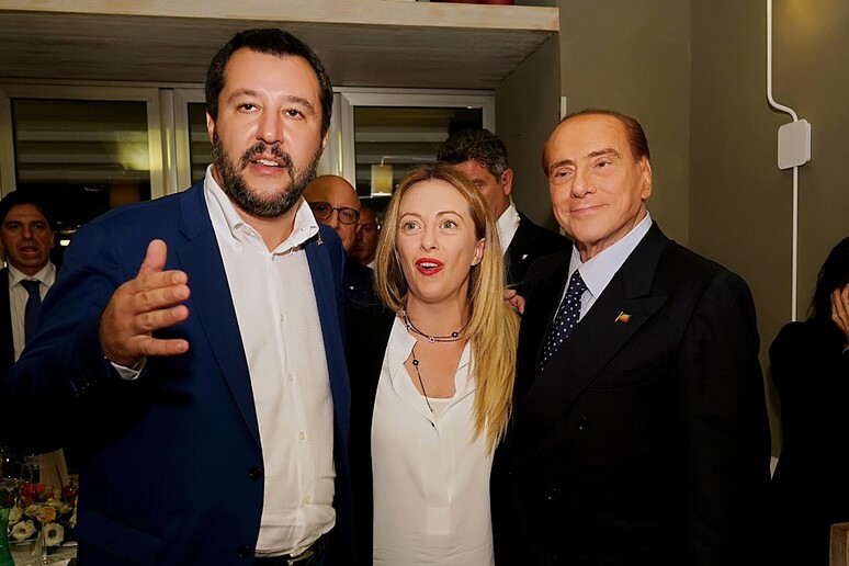 Matteo Salvini, Giorgia Meloni e Silvio Berlusconi in una foto d 'archivio - RIPRODUZIONE RISERVATA