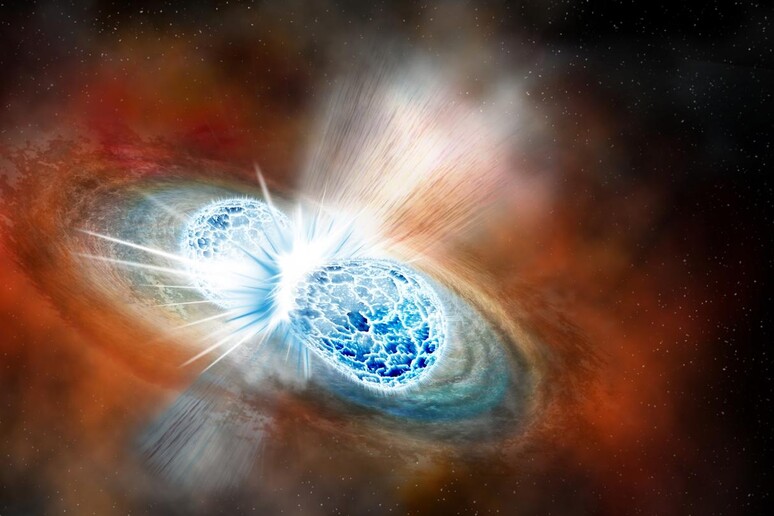 Rappresentazione artistica della collisione tra due stelle di neutroni (fonte: Robin Dienel courtesy of the Carnegie Institution for Science) - RIPRODUZIONE RISERVATA