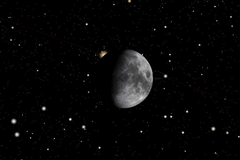 Rappresentazione grafica della fase iniziale dell 'occultazione della stella Aldebaran da parte della Luna, non ancora piena (fonte: Gianluca Masi, The Virtual Telescope Project 2.0) - RIPRODUZIONE RISERVATA