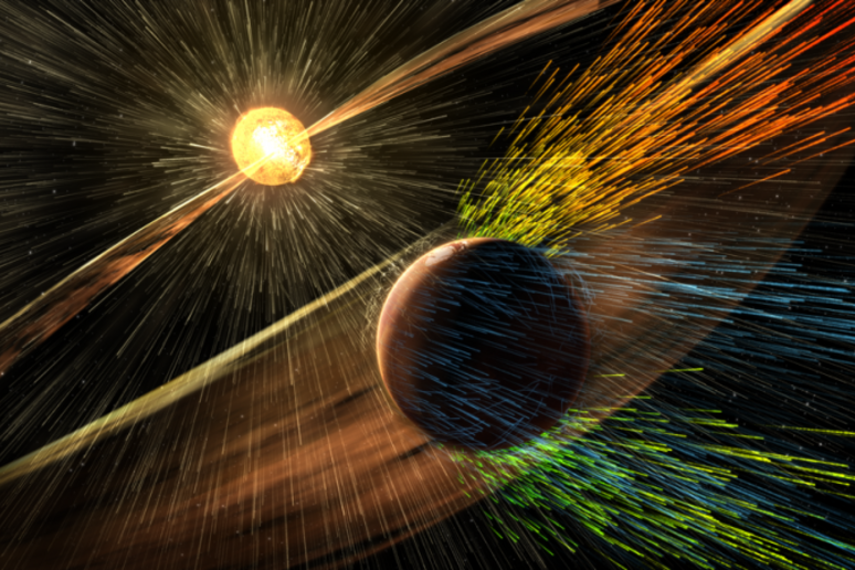 Rappresentazione artistica di una tempesta solare su Marte (fonte: NASA/GSFC) - RIPRODUZIONE RISERVATA
