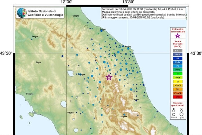 Mappa dell 'area nella quale è stato percepito il terremoto (fonte: INGV) - RIPRODUZIONE RISERVATA