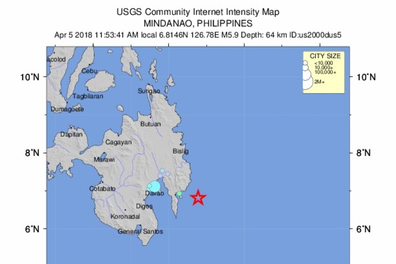 Il terremoto nelle Filippine (foto dal sito USGS) - RIPRODUZIONE RISERVATA