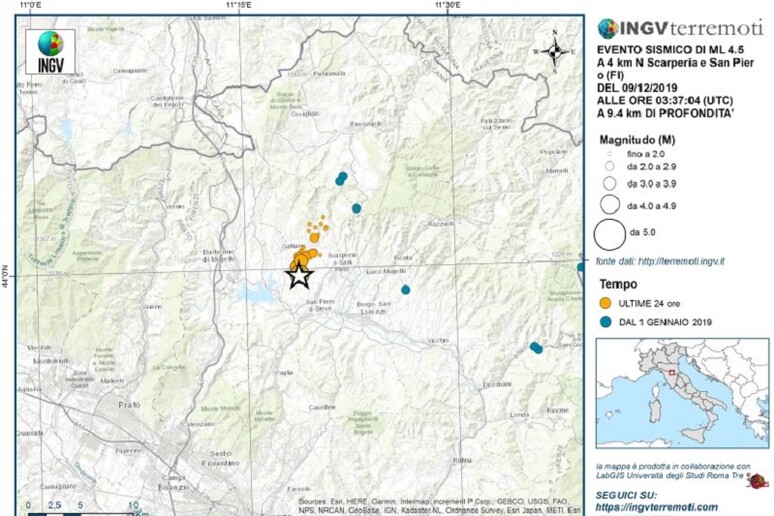 Localizzazione della sequenza sismica nel Mugello (fonte: INGV) - RIPRODUZIONE RISERVATA