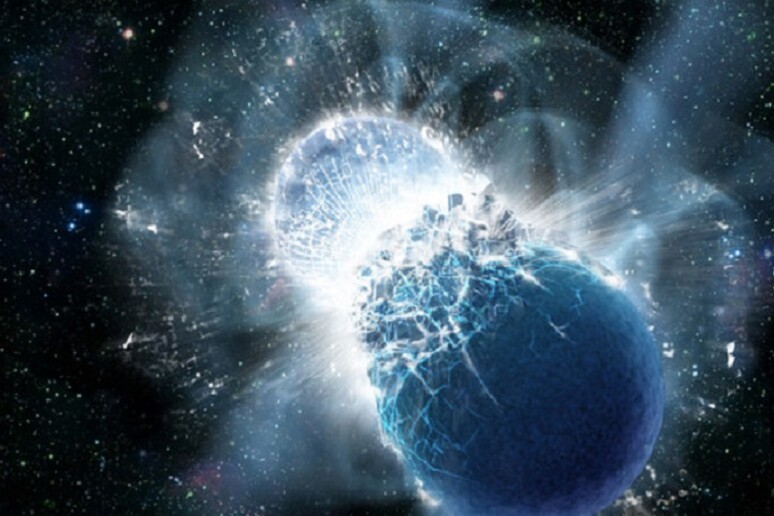 Rappresentazione artistica della collisione di due stelle di neutroni, un evento che genera onde gravitazionali (fonte: NASA/Swift/Dana Berry) - RIPRODUZIONE RISERVATA