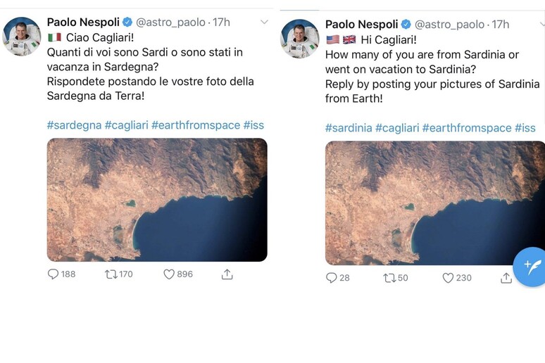La foto di Cagliari dallo spazio, il tweet di Nespoli - RIPRODUZIONE RISERVATA