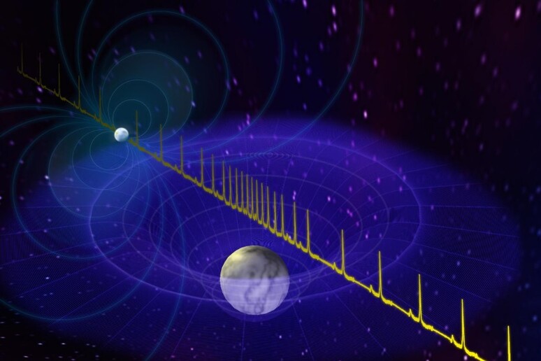 Rappresentazione artistica di una pulsar emessa da una stella di neutroni, i cui segnali sono rallentati da una nana bianca( fonte: BSaxton, NRAO/AUI/NSF)  (fonte: B. Saxton (NRAO/AUI/NSF) - RIPRODUZIONE RISERVATA