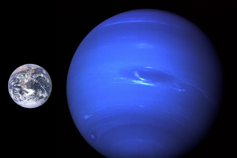 il pianeta gigante Nettuno a confronto con la Terra  (fonte: NASA, immagine modificata da  Jcpag2012, Wikipedia) - RIPRODUZIONE RISERVATA