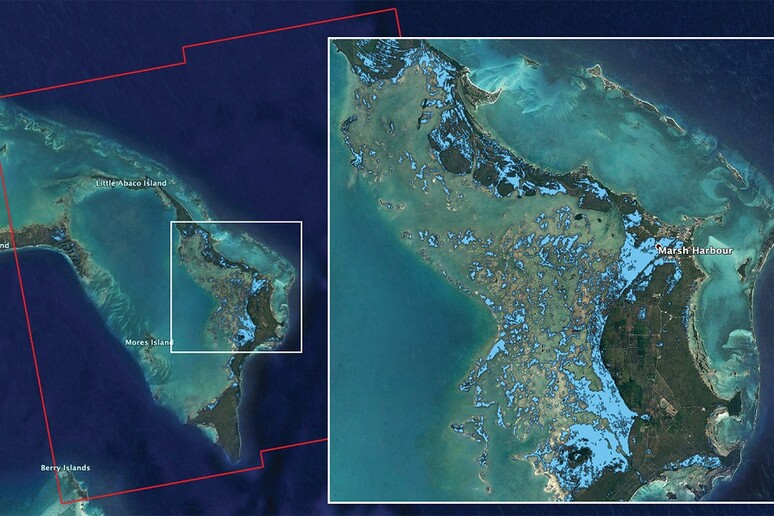 Le inondazioni che hanno devastato le Bahamas al passaggio dell 'uragano Dorian (fonte: NASA/JPL-Caltech, ESA) - RIPRODUZIONE RISERVATA