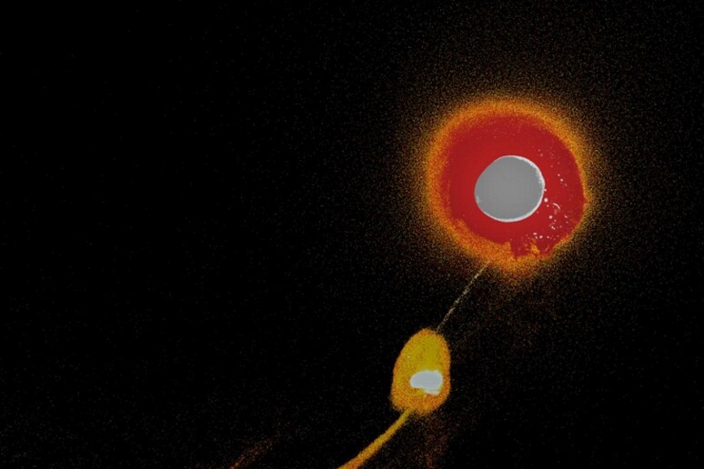 Dettaglio della simulazione dello scontro tra la Terra primordiale e un corpo celeste simile a Marte, che circa 4,5 miliardi di anni fa ha dato origine alla Luna. (fonte: Sergio Ruiz-Bonilla) - RIPRODUZIONE RISERVATA