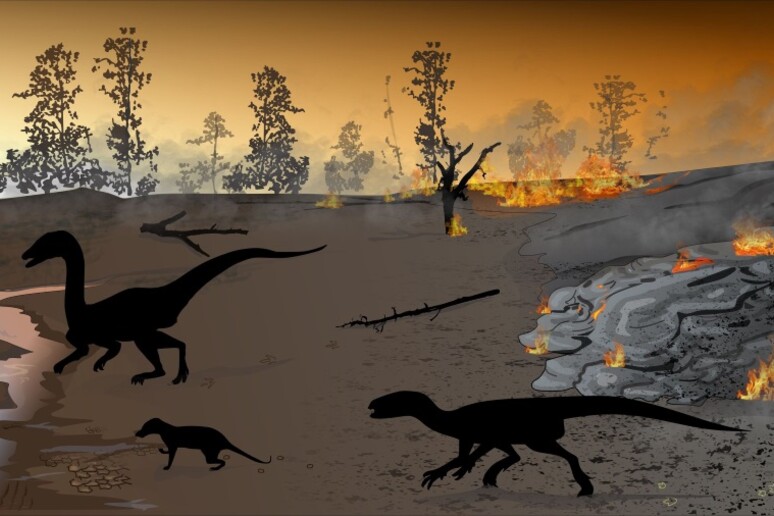 Ricostruzione artistica della fuga dei dinosauri dalla lava (fonte: Bordy et al., 2020) - RIPRODUZIONE RISERVATA