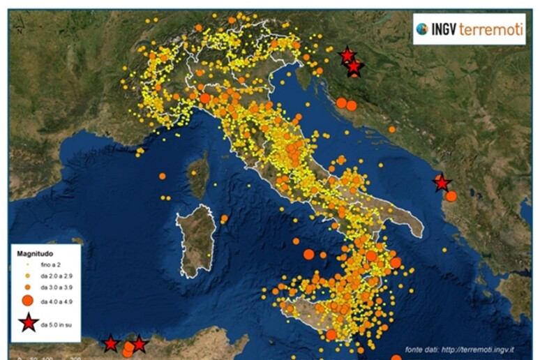 La mappa dei terremoti del 2020 in Italia e nelle zone limitrofe, in media 45 al giorno. (fonte: INGV) - RIPRODUZIONE RISERVATA
