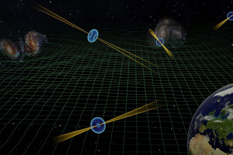 Rappresentazione grafica della rete di pulsar dist osservata dall’esperimento EPTA (fonte: INAF) - RIPRODUZIONE RISERVATA