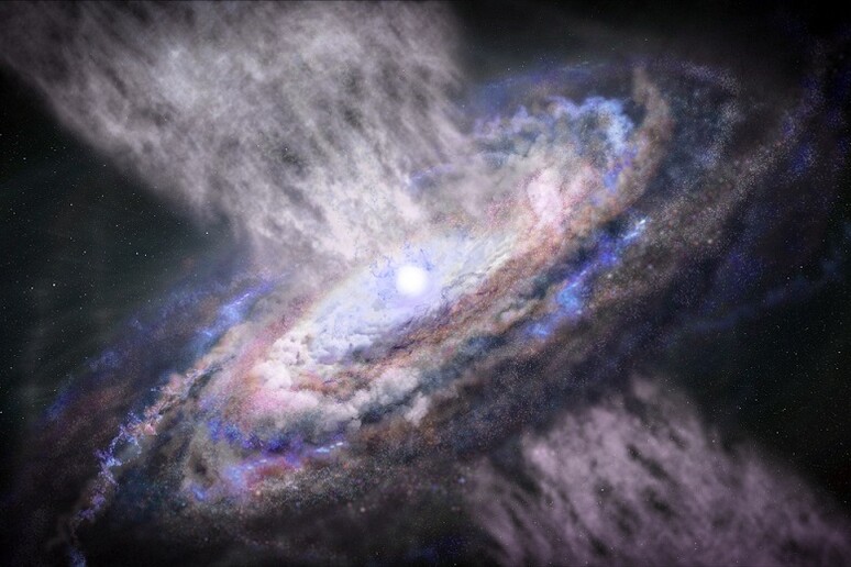 Rappresentazione artistica dei poderosi venti emessi da un buco nero supermassiccio (fonte: Stsci) - RIPRODUZIONE RISERVATA