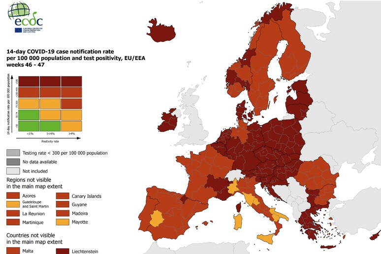 Ecdc, tutta l 'Ue rossa,zone gialle solo in Italia e Spagna - RIPRODUZIONE RISERVATA