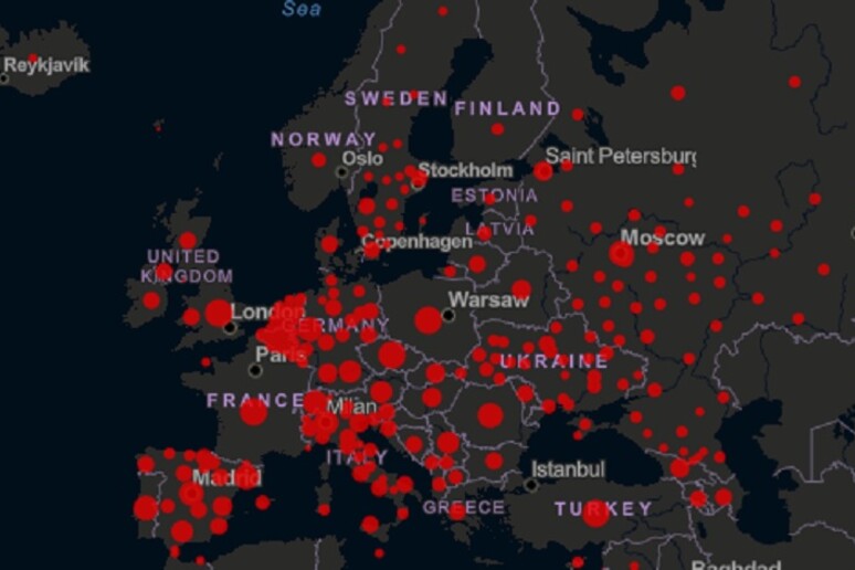 Mappa dei casi cumulativi di Covid-19 in Europa al 10 febbraio 2021, nella mappa della Johns Hopkins University (fonte: Johns Hopkins University) - RIPRODUZIONE RISERVATA